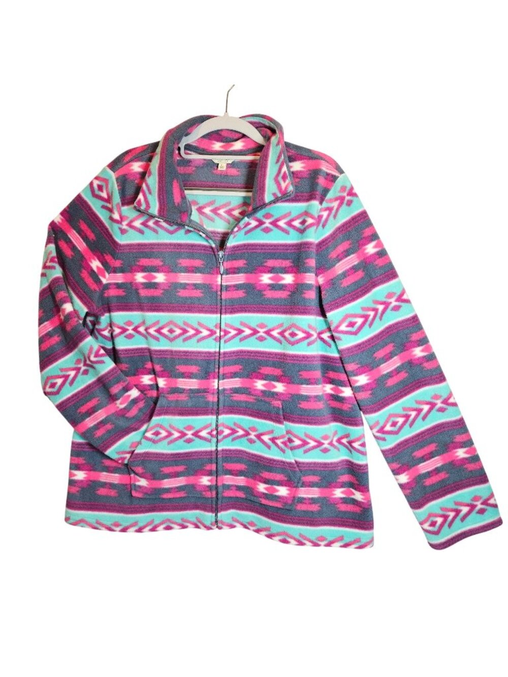 Sonoma Womens L Purple Full-Zip Fleece Jacket With Aztec Print colorful boho
